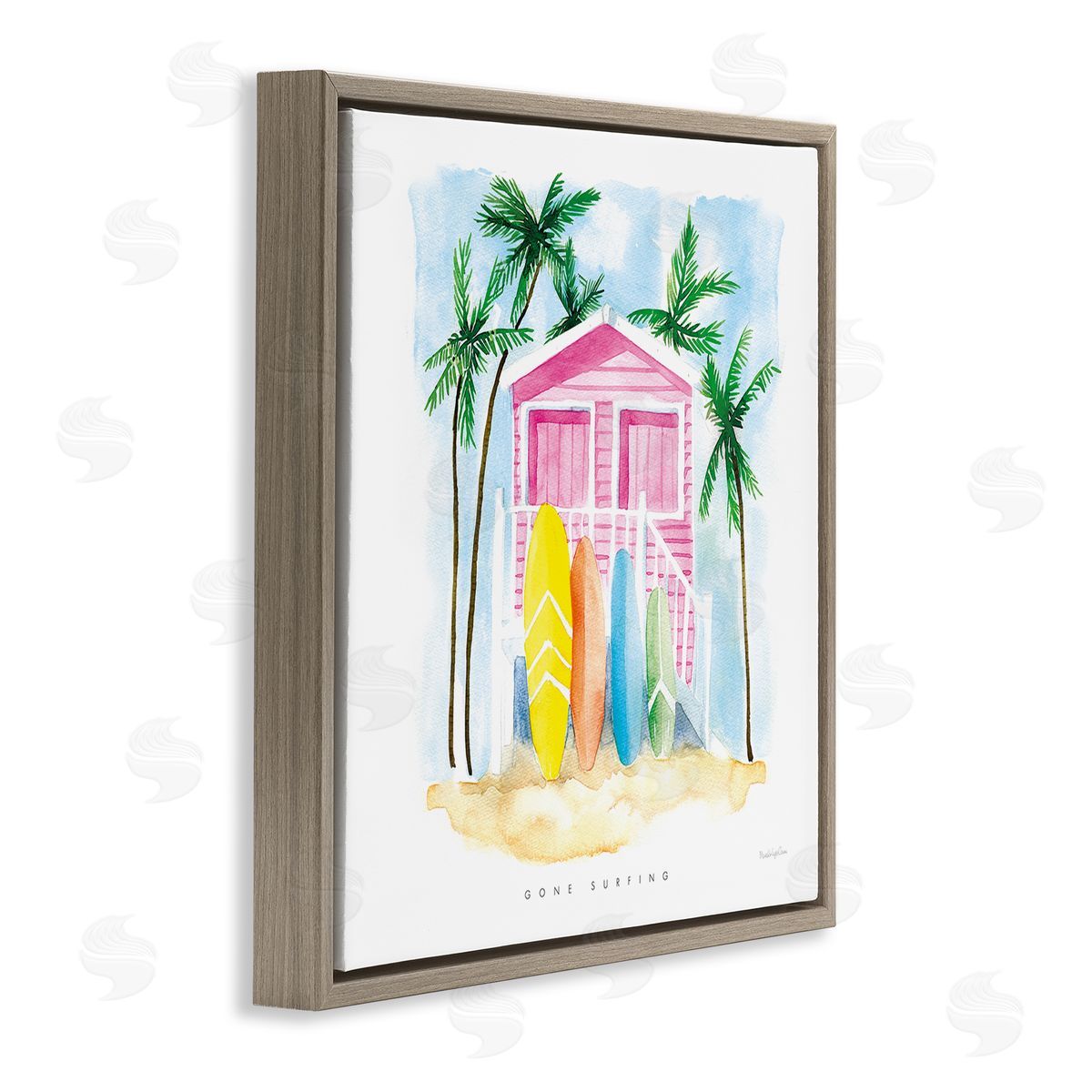 Mercedes Lopez Charro Gone Surfing Tropical Phrase Pink Beach House Brown Floating Frame Canvas Wall Art Print