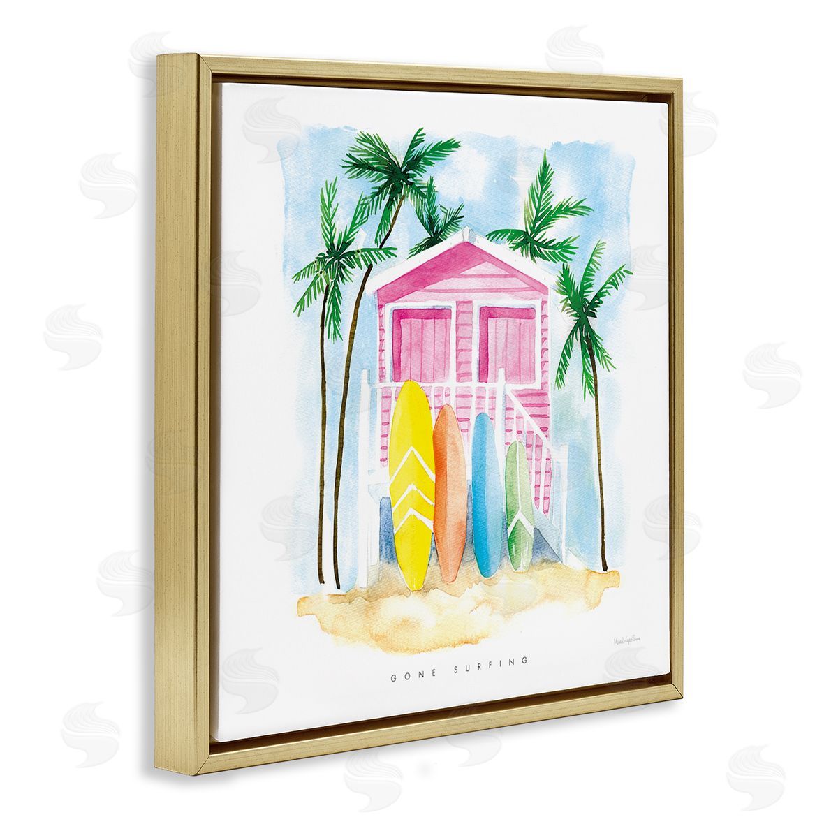 Mercedes Lopez Charro Gone Surfing Tropical Phrase Pink Beach House Gold Floating Frame Canvas Wall Art Print