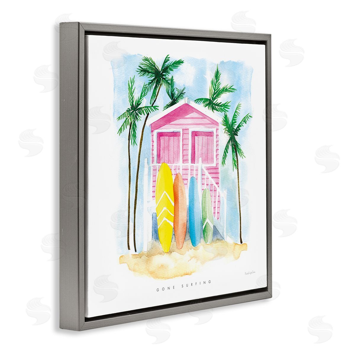 Mercedes Lopez Charro Gone Surfing Tropical Phrase Pink Beach House Gray Floating Frame Canvas Wall Art Print