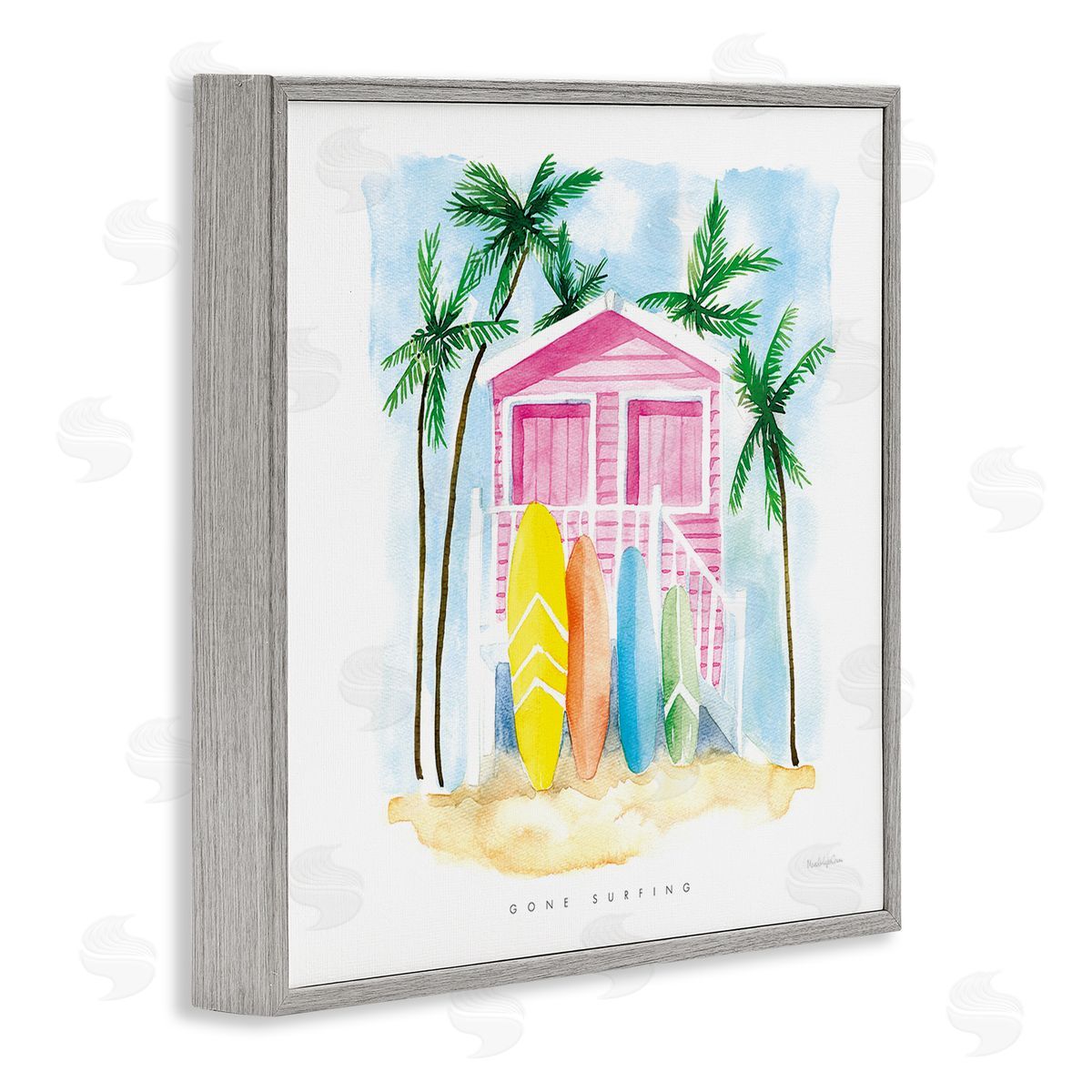 Mercedes Lopez Charro Gone Surfing Tropical Phrase Pink Beach House Gray Framed Glicee Wall Art Print