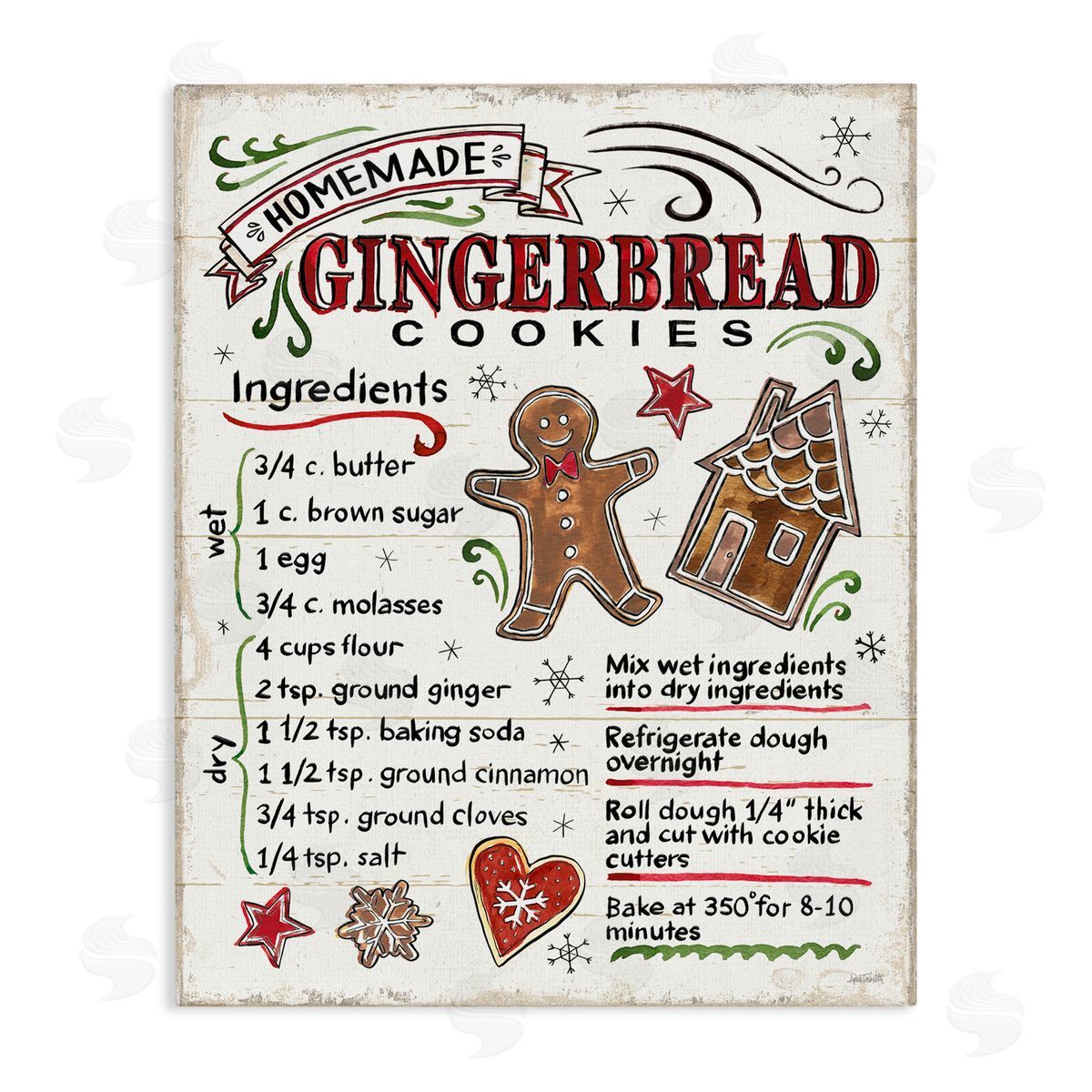 Holiday Gingerbread Cookies Recipe Canvas Wall Art, Home Decor by Anne Tavoletti