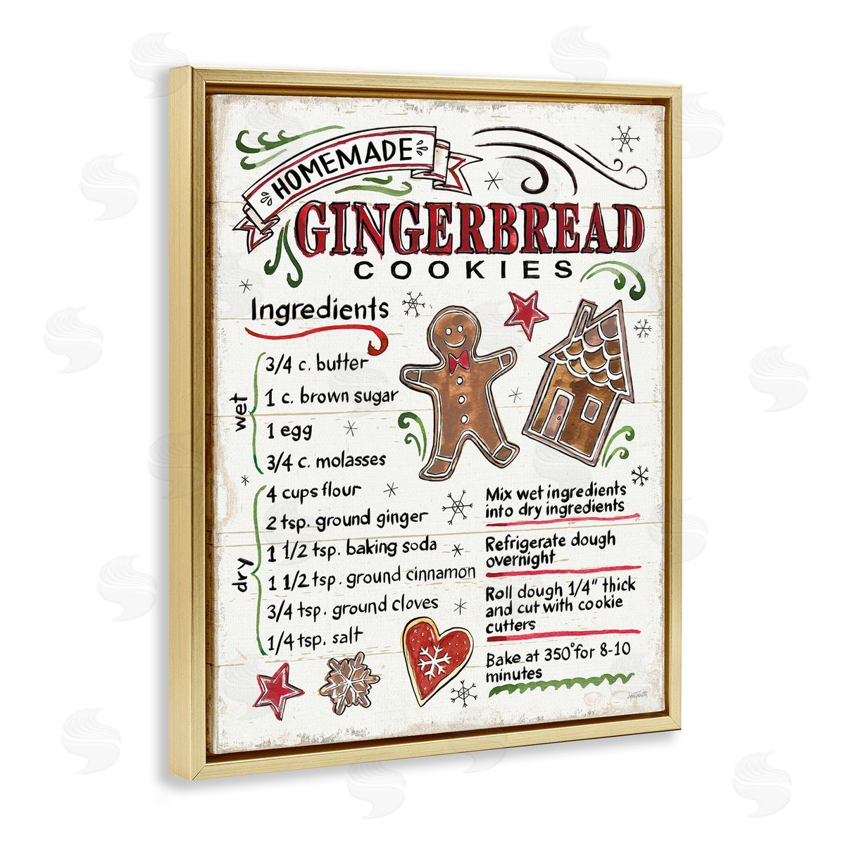 Holiday Gingerbread Cookies Recipe Gold Floating Frame Canvas Wall Art, Home Decor by Anne Tavoletti