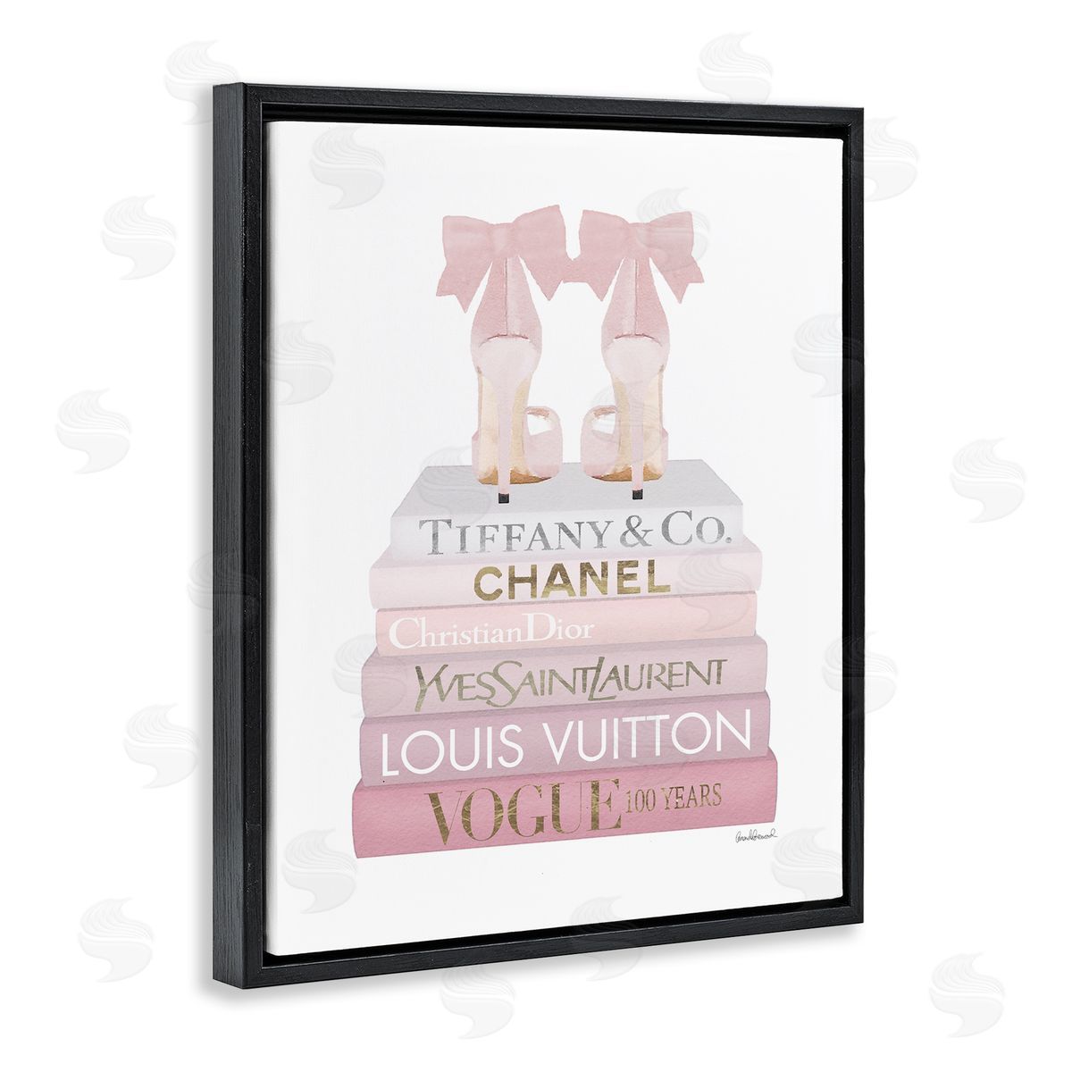 Chic Shoes Glam Bookstack Black Floating Frame Canvas Wall Art, Home Decor by Amanda Greenwood