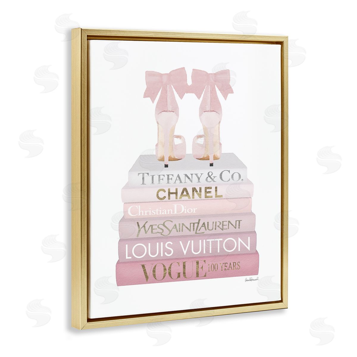 Chic Shoes Glam Bookstack Gold Floating Frame Canvas Wall Art, Home Decor by Amanda Greenwood