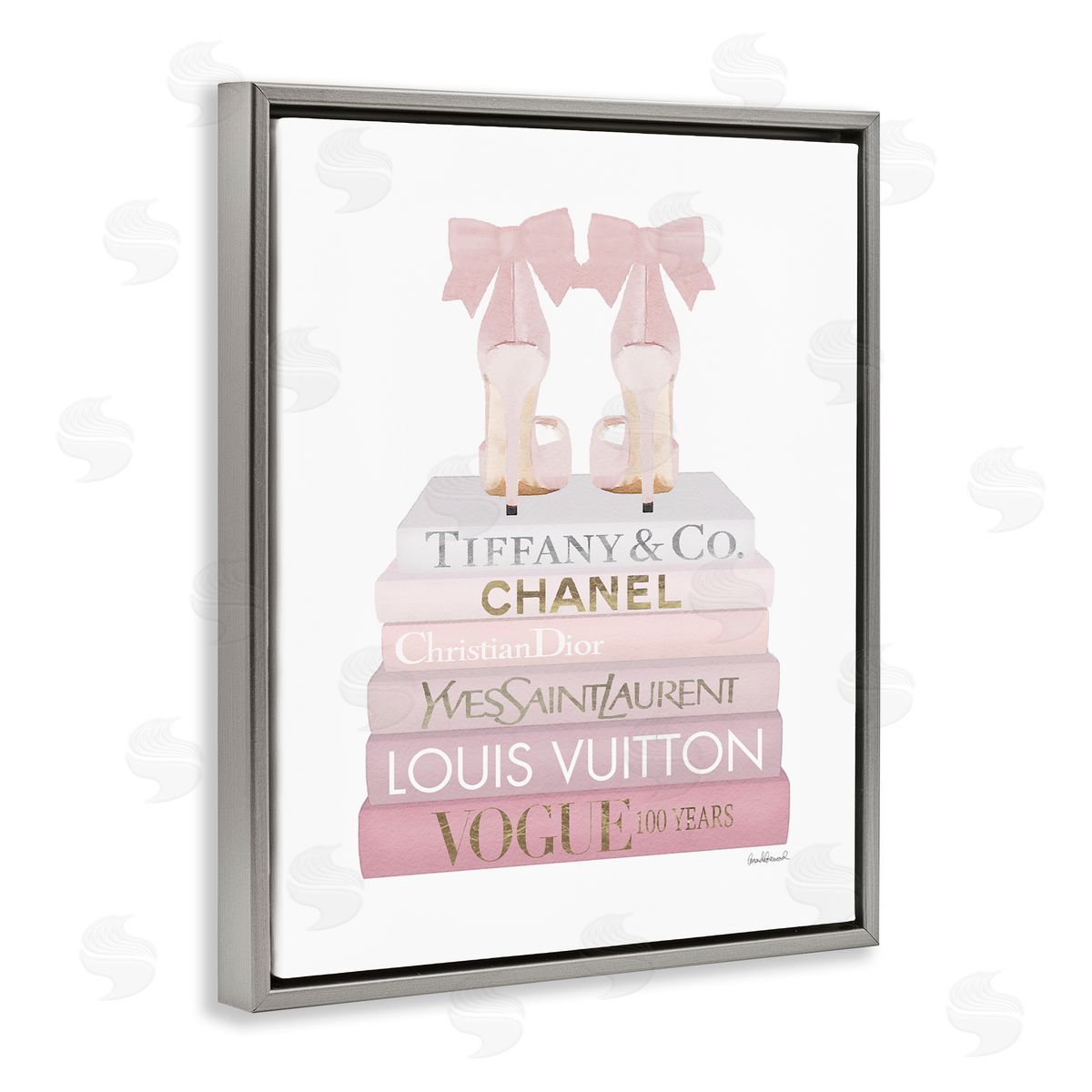 Chic Shoes Glam Bookstack Grey Floating Frame Canvas Wall Art, Home Decor by Amanda Greenwood