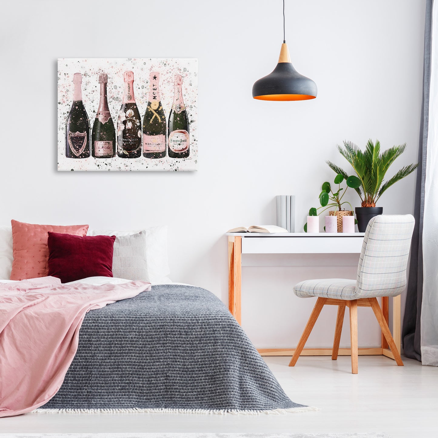 Chic Pink Rose Bottles Canvas Wall Art in Room, Home Decor by Amanda Greenwood