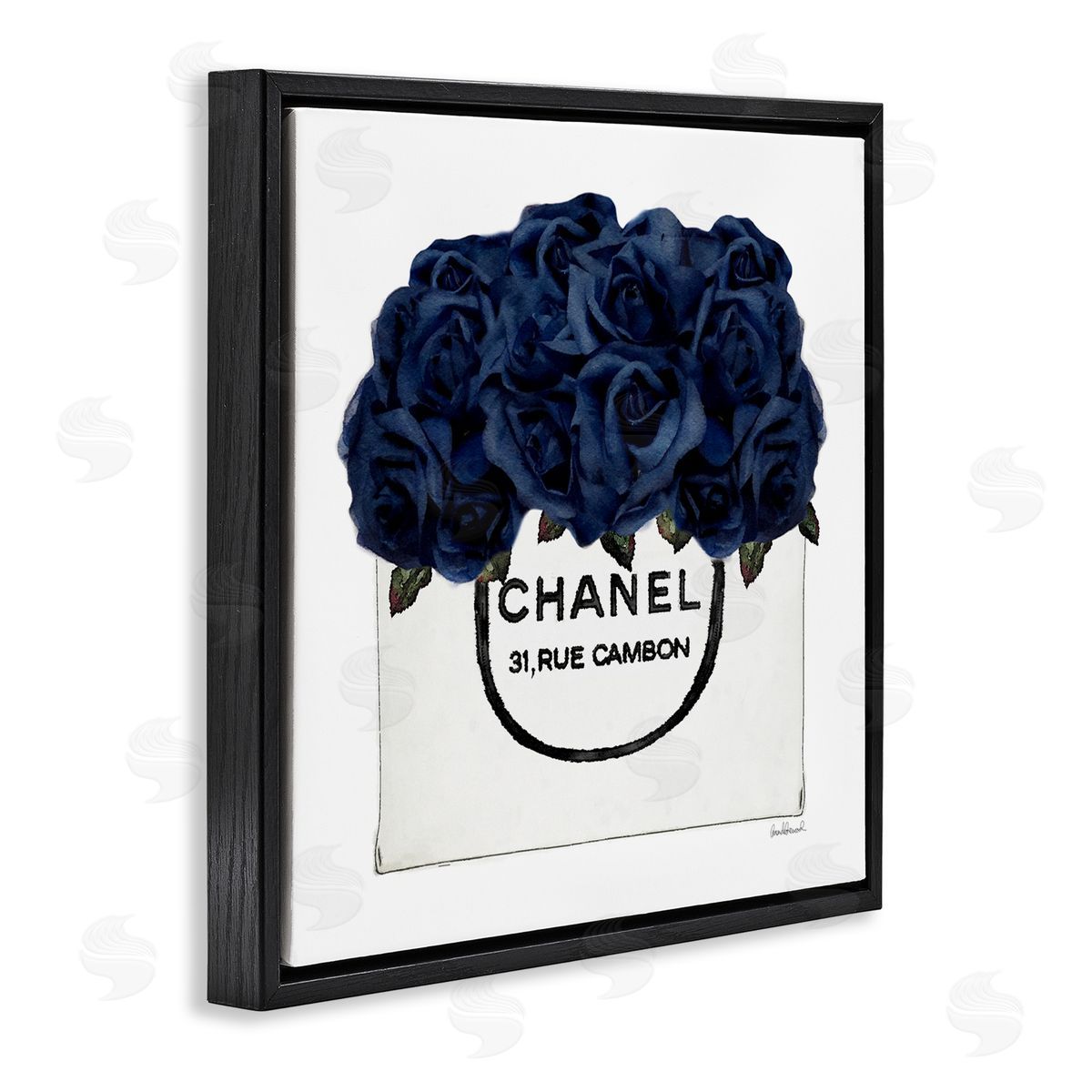 Trendy Chic Navy Blue Roses Black Floating Frame Canvas Wall Art, Home Decor by Amanda Greenwood