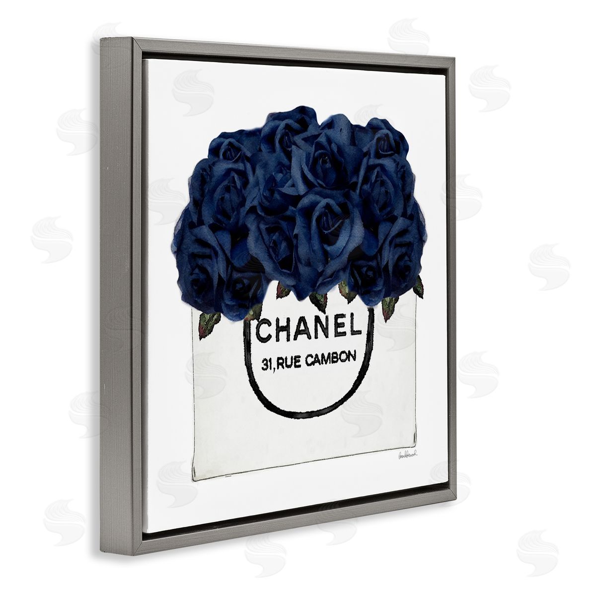 Trendy Chic Navy Blue Roses Grey Floating Frame Canvas Wall Art, Home Decor by Amanda Greenwood