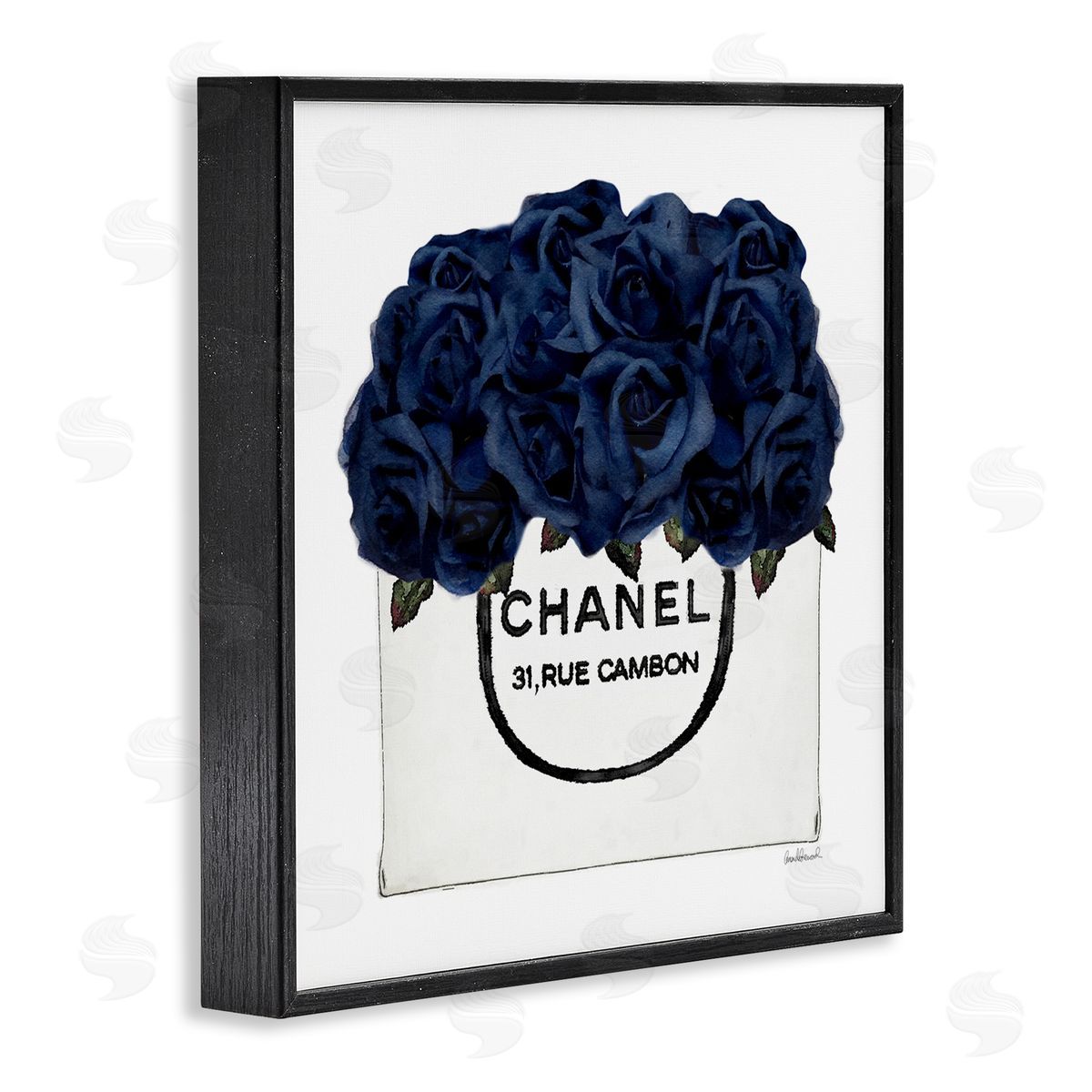Trendy Chic Navy Blue Roses Black Frame Print Wall Art, Home Decor by Amanda Greenwood