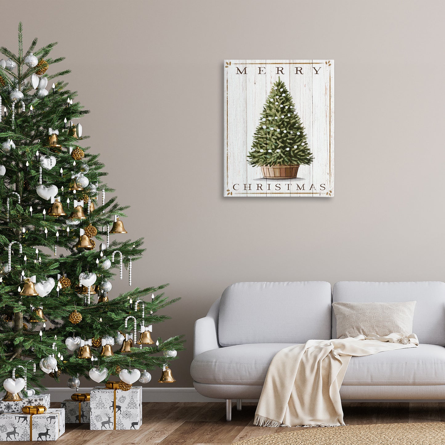 Merry Christmas Country Tree Canvas Wall Art in Room, Home Decor by Elizabeth Tyndall