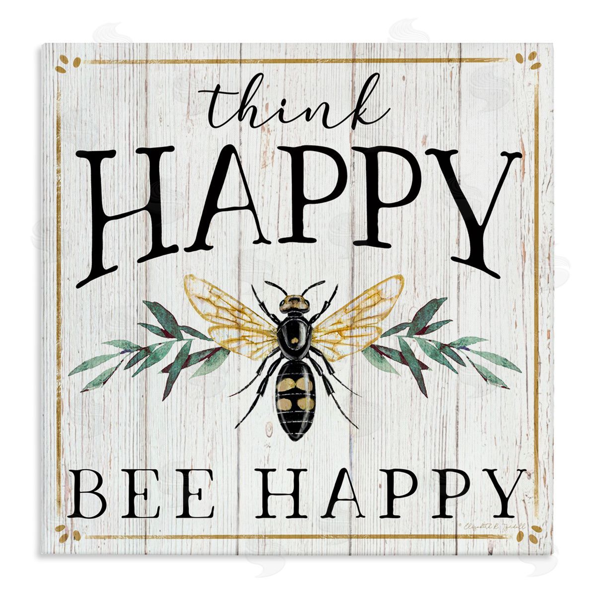 Elizabeth Tyndall Think Happy Bee Happy Phrase Insect Pun Stretched Canvas Wall Art Print