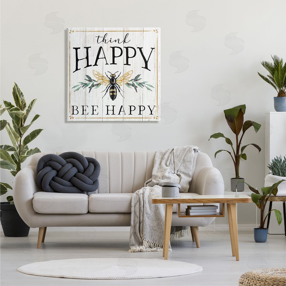 Elizabeth Tyndall Think Happy Bee Happy Phrase Insect Pun Canvas Wall Art in Room