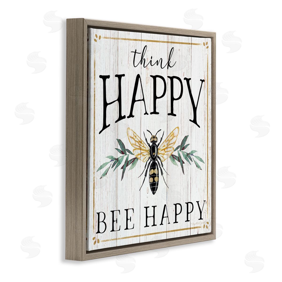 Elizabeth Tyndall Think Happy Bee Happy Phrase Insect Pun Brown Floating Frame Canvas Wall Art Print