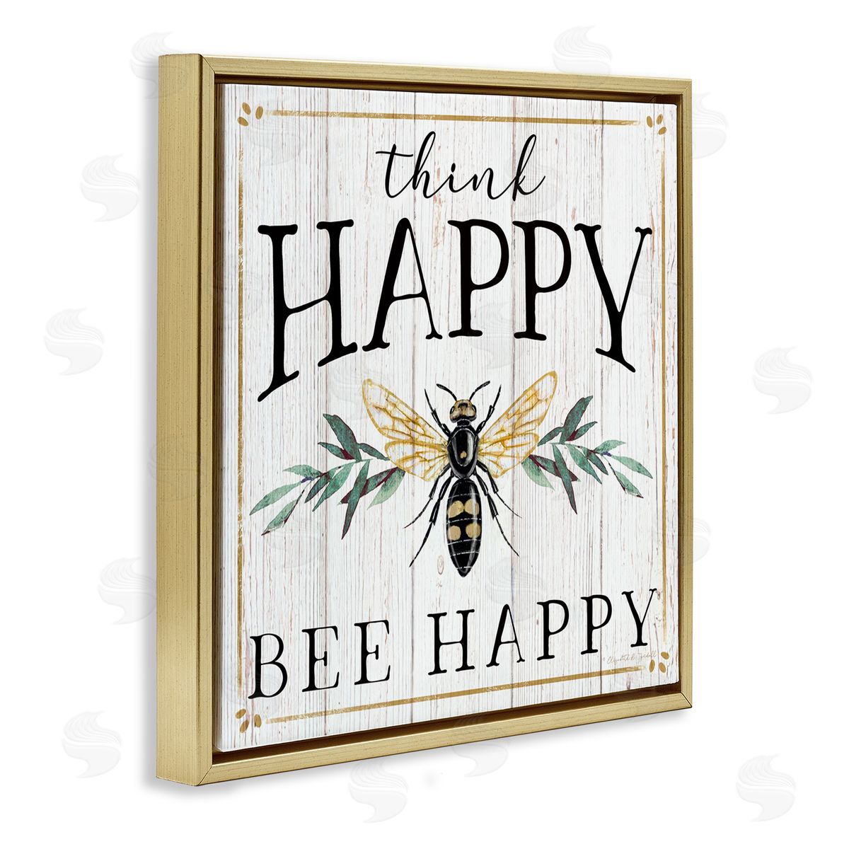 Elizabeth Tyndall Think Happy Bee Happy Phrase Insect Pun Gold Floating Frame Canvas Wall Art Print