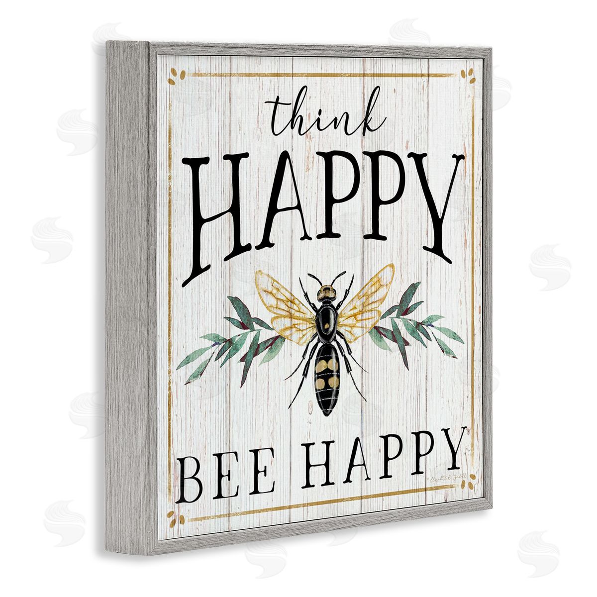 Elizabeth Tyndall Think Happy Bee Happy Phrase Insect Pun Gray Framed Glicee Wall Art Print
