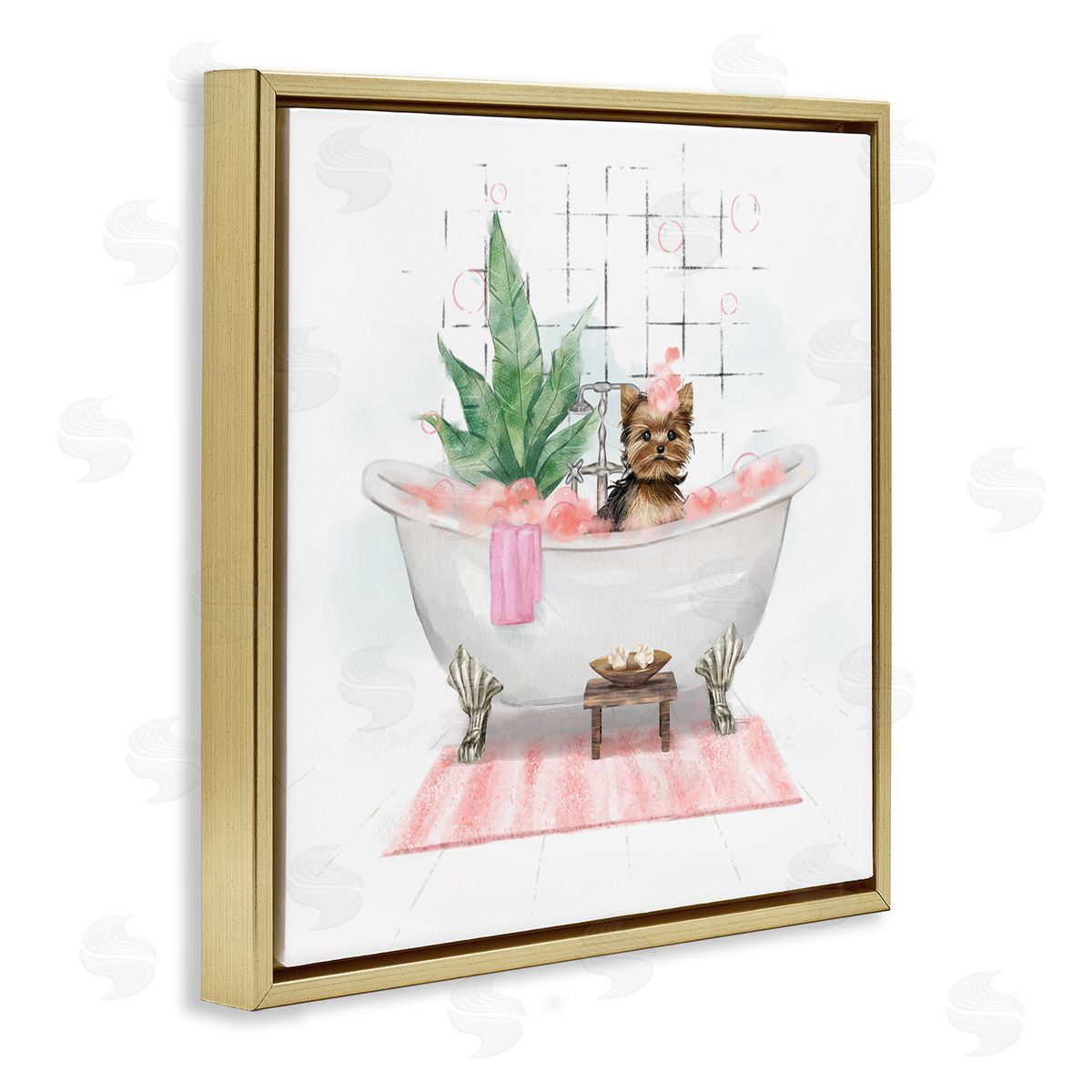 Chic Yorkie Dog in Bubble Bath Gold Floating Frame Canvas Wall Art, Home Decor by Ziwei Li