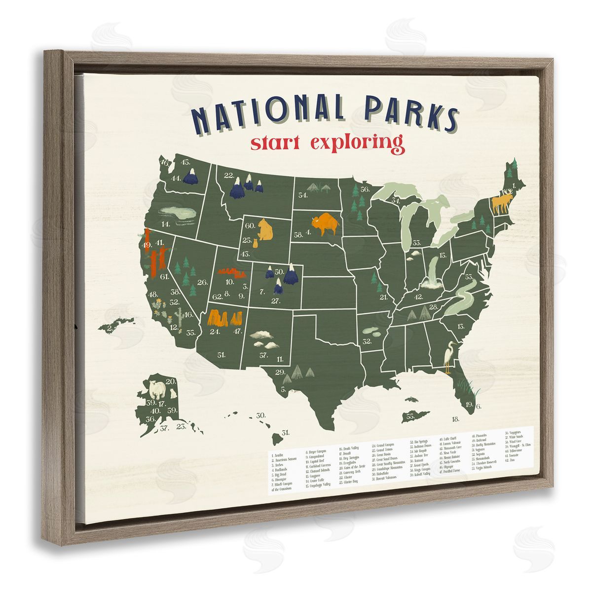 National Parks Map Diagram Brown Floating Frame Canvas Wall Art, Home Decor by Stupell Studio