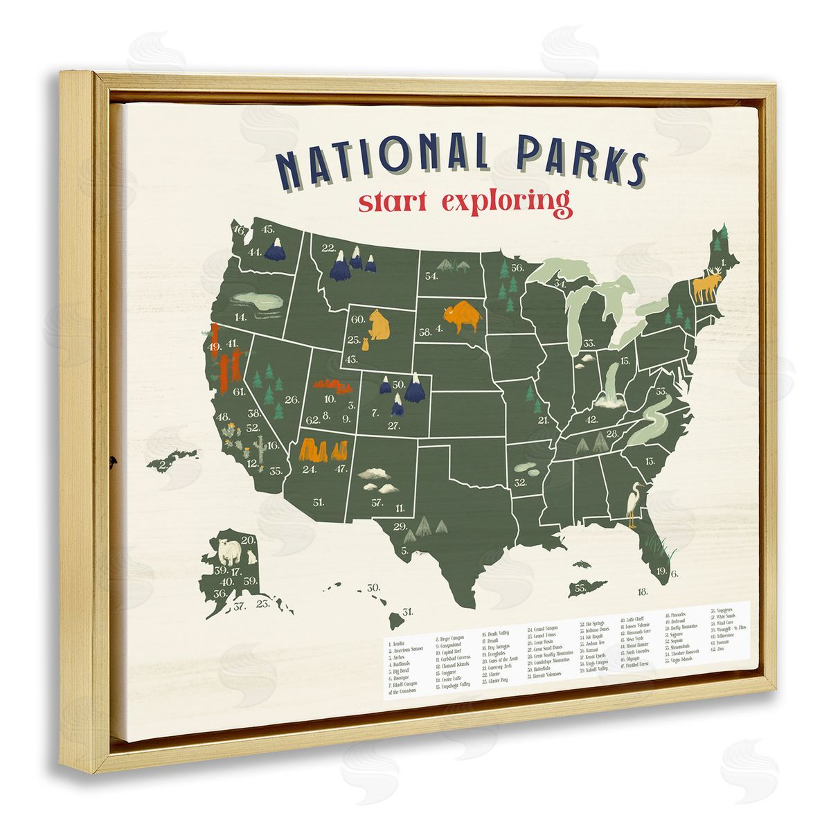 National Parks Map Diagram Gold Floating Frame Canvas Wall Art, Home Decor by Stupell Studio