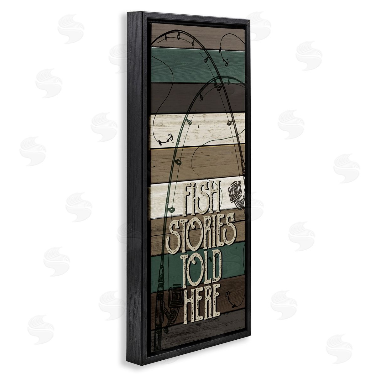 Rustic Fishing Stories Phrase Black Floating Frame Canvas Wall Art, Home Decor by Kim Allen