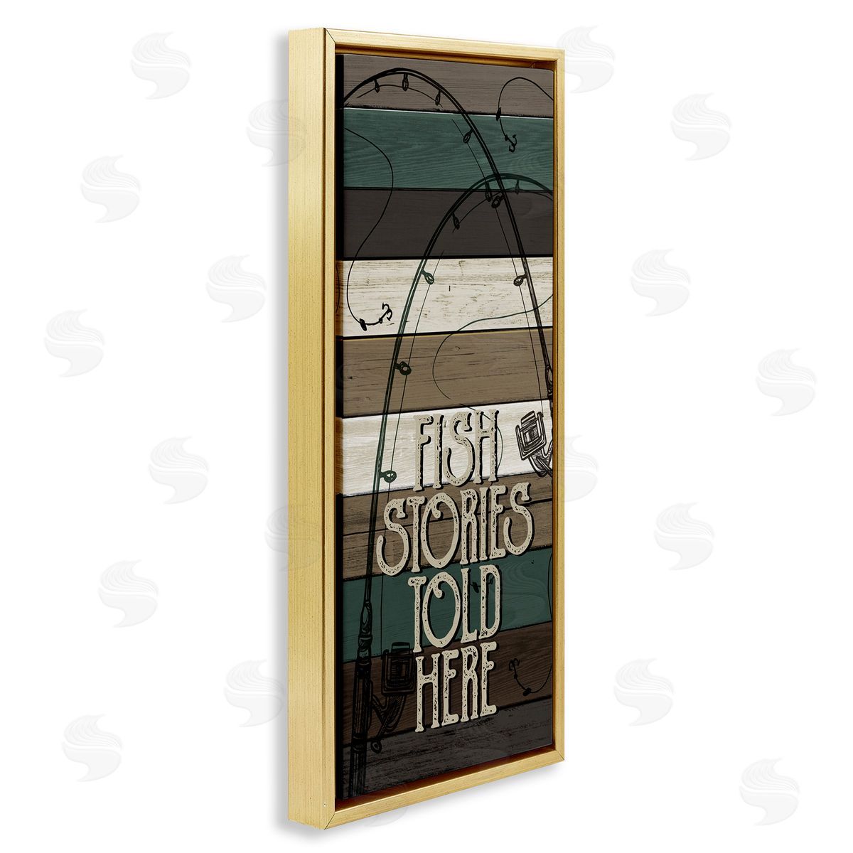Rustic Fishing Stories Phrase Gold Floating Frame Canvas Wall Art, Home Decor by Kim Allen