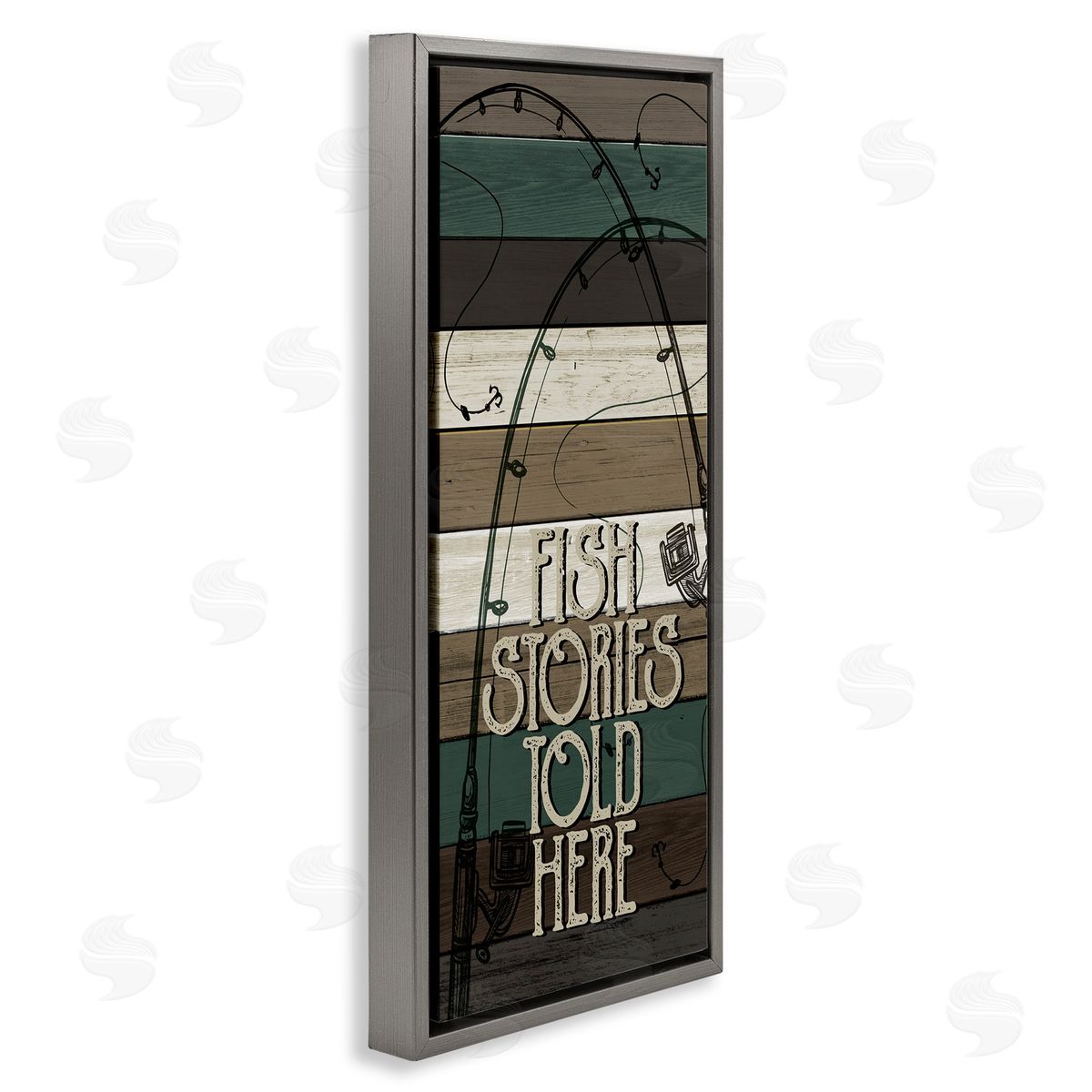 Rustic Fishing Stories Phrase Grey Floating Frame Canvas Wall Art, Home Decor by Kim Allen
