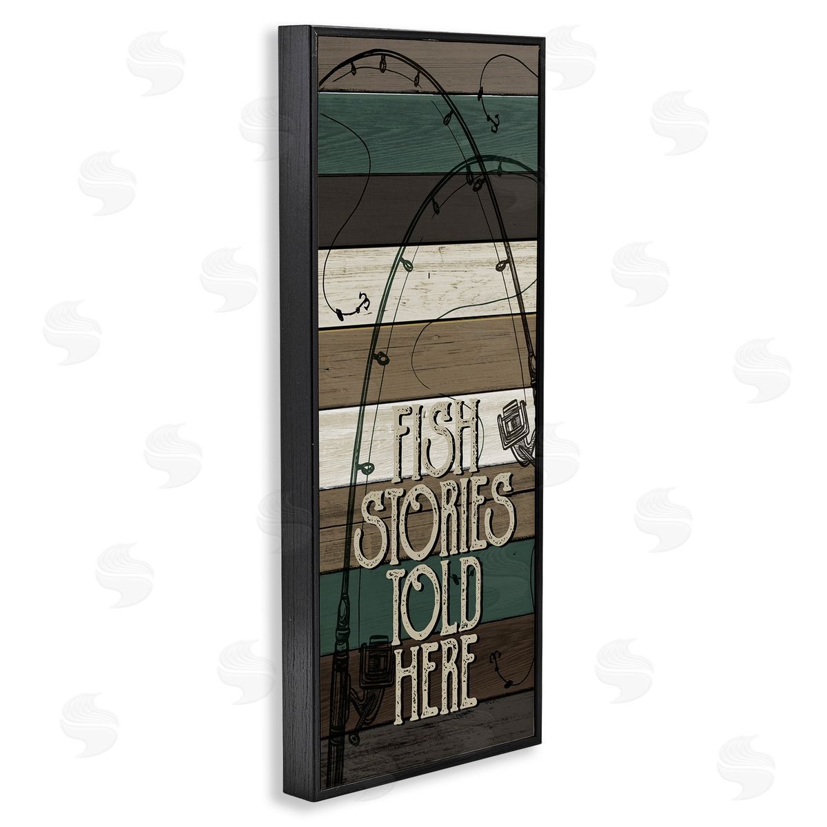 Rustic Fishing Stories Phrase Black Frame Print Wall Art, Home Decor by Kim Allen