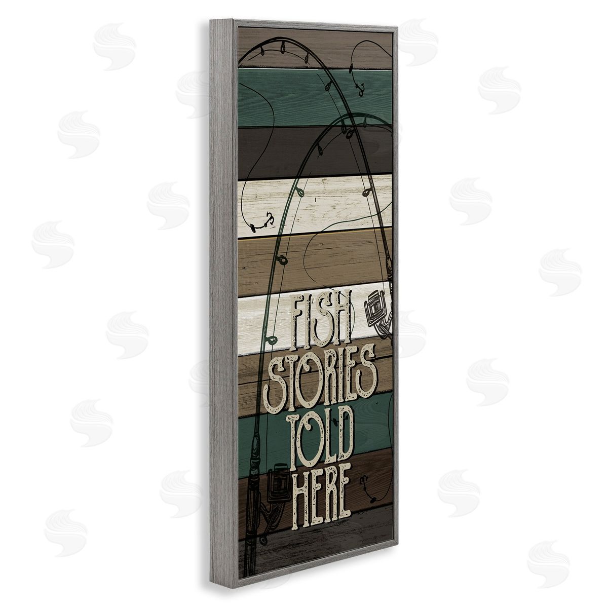 Rustic Fishing Stories Phrase Grey Frame Print Wall Art, Home Decor by Kim Allen