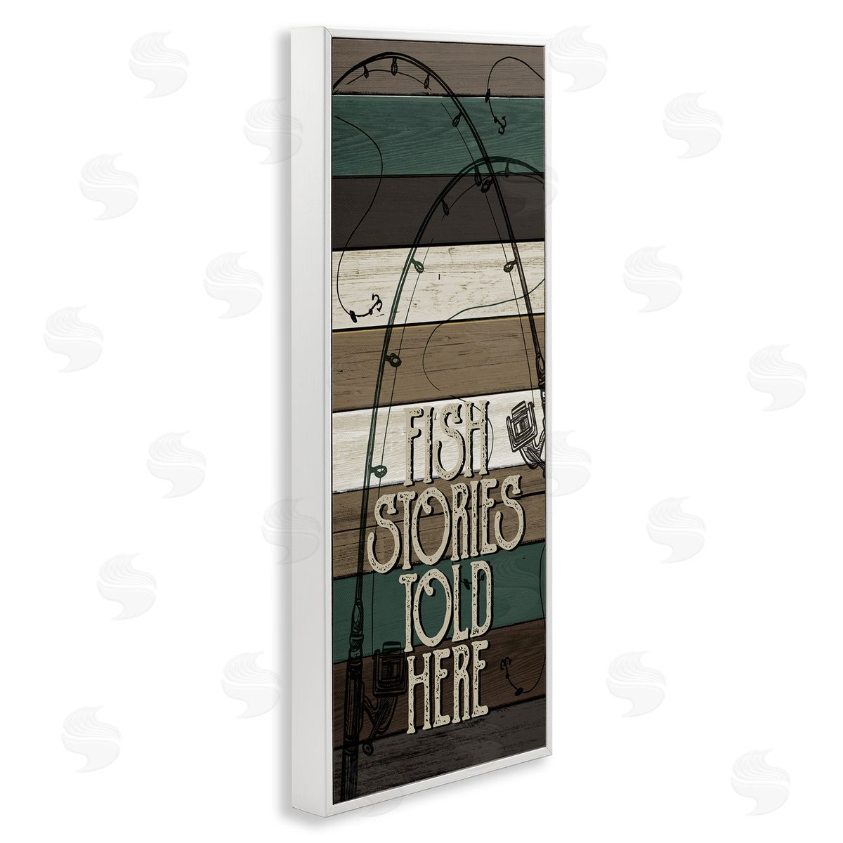 Rustic Fishing Stories Phrase White Frame Print Wall Art, Home Decor by Kim Allen