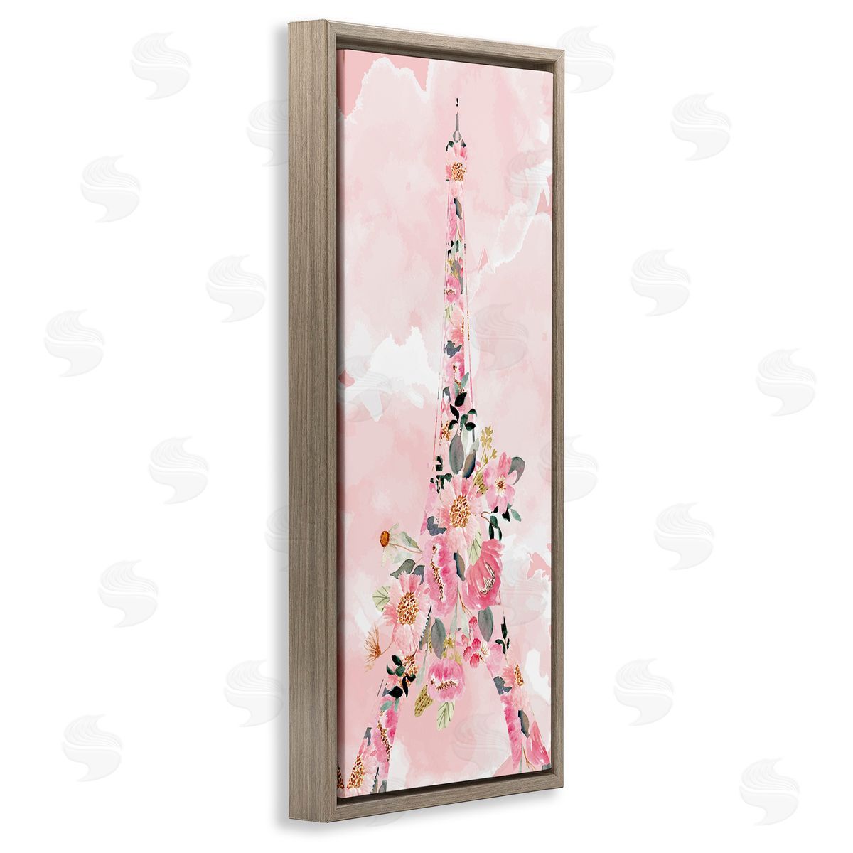 Floral Pattern Eiffel Tower Brown Floating Frame Canvas Wall Art, Home Decor by Kim Allen