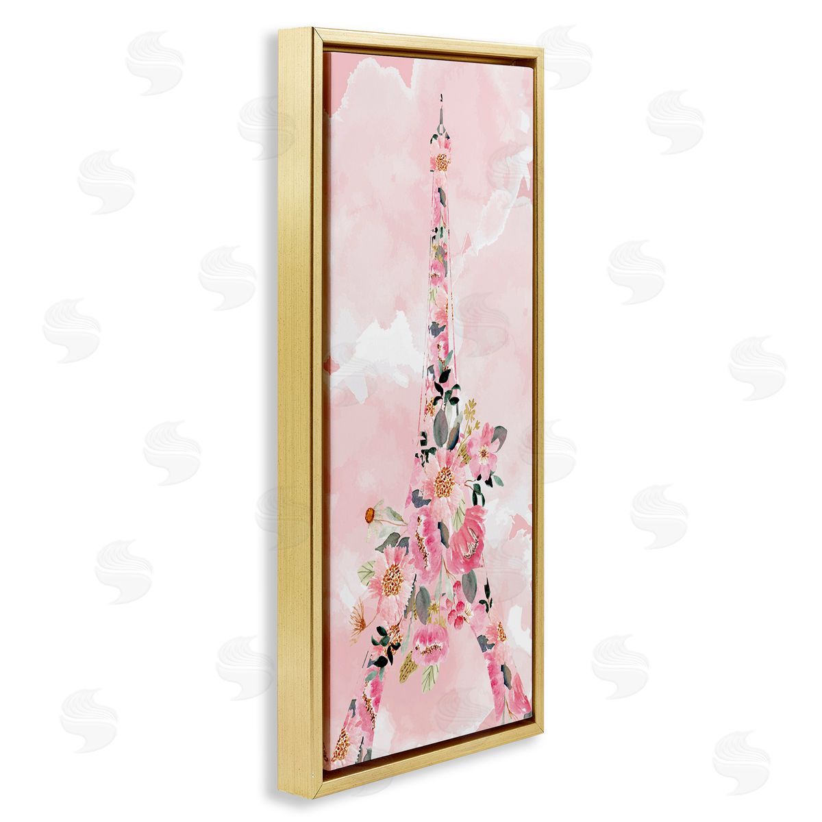 Floral Pattern Eiffel Tower Gold Floating Frame Canvas Wall Art, Home Decor by Kim Allen