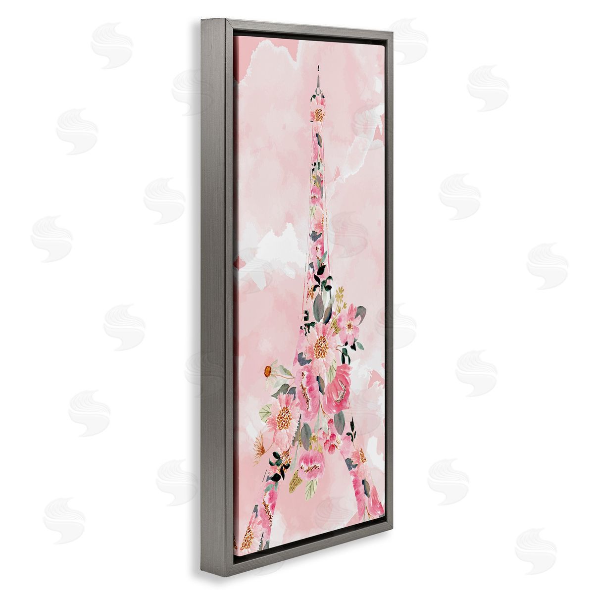 Floral Pattern Eiffel Tower Grey Floating Frame Canvas Wall Art, Home Decor by Kim Allen