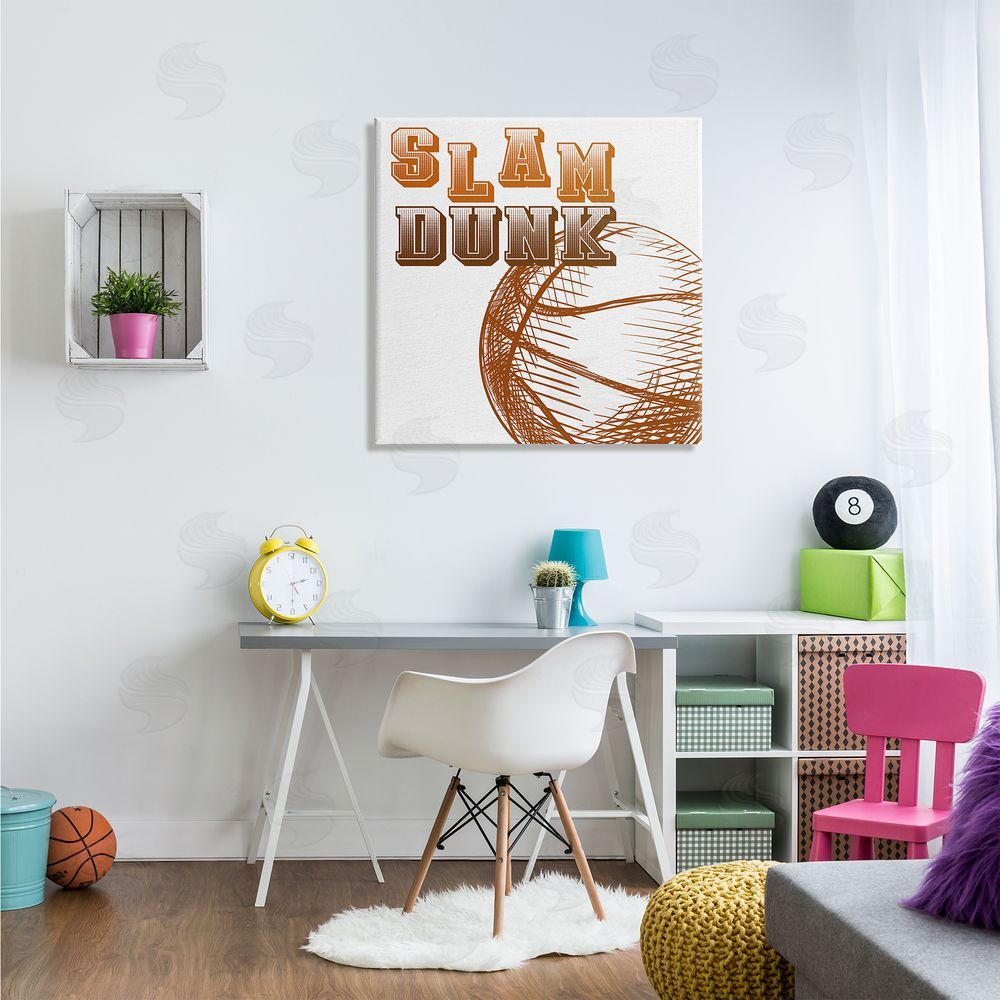 Kim Allen Slam Dunk Basketball Sports Ball Orange Varsity Typography Canvas Wall Art in Room