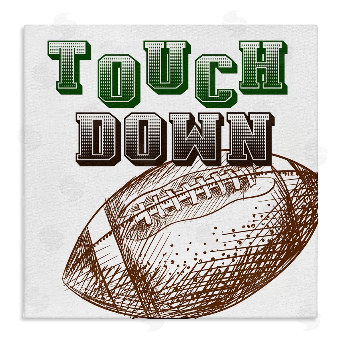 Kim Allen Touch Down Football Sports Ball Green Varsity Typography Stretched Canvas Wall Art Print