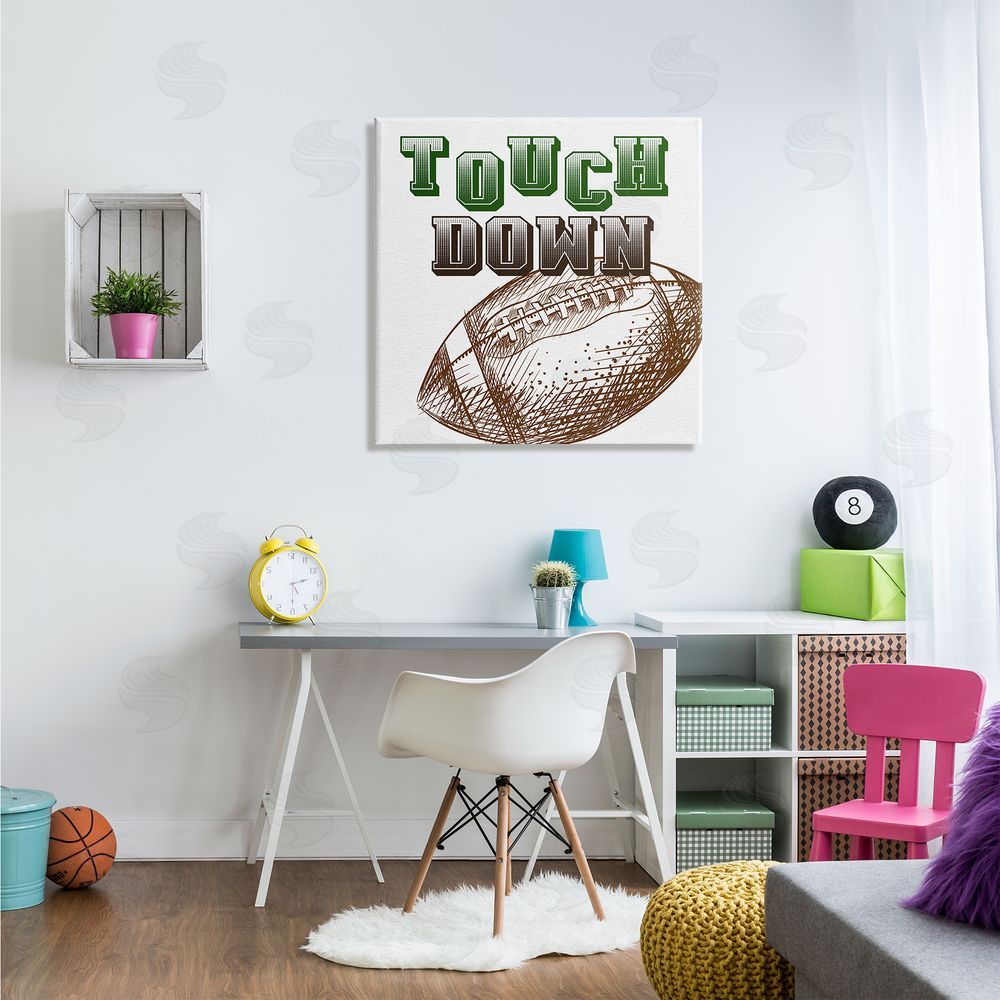 Kim Allen Touch Down Football Sports Ball Green Varsity Typography Canvas Wall Art in Room