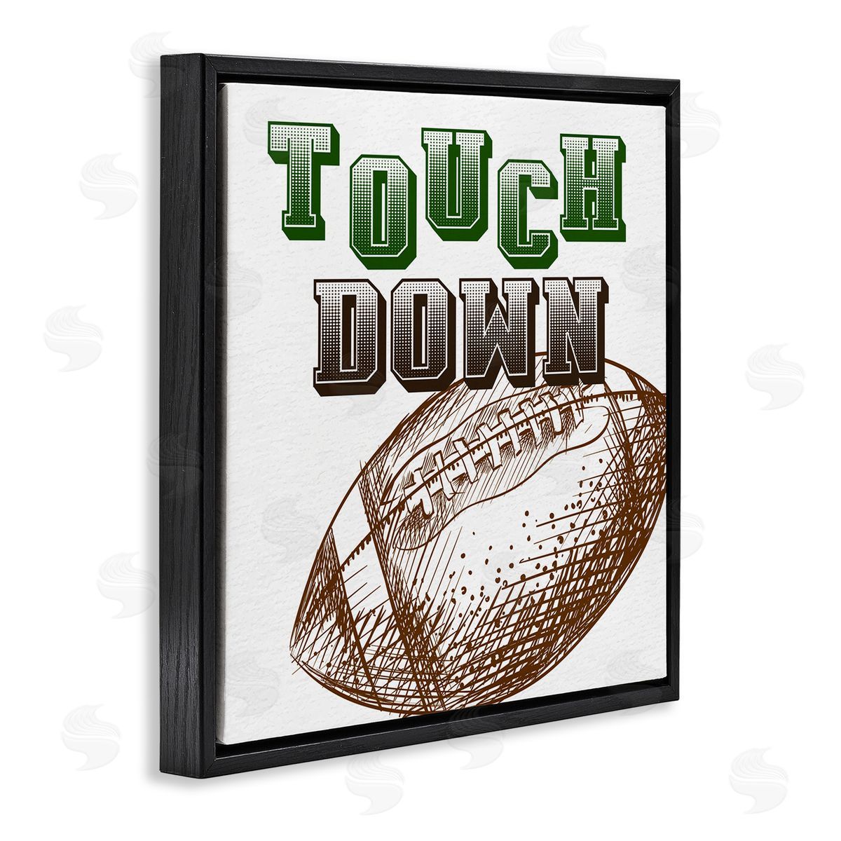 Kim Allen Touch Down Football Sports Ball Green Varsity Typography Black Floating Frame Canvas Wall Art Print