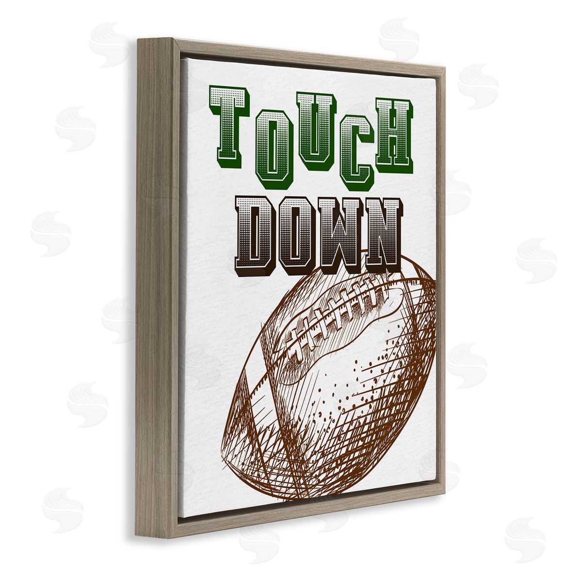 Kim Allen Touch Down Football Sports Ball Green Varsity Typography Brown Floating Frame Canvas Wall Art Print