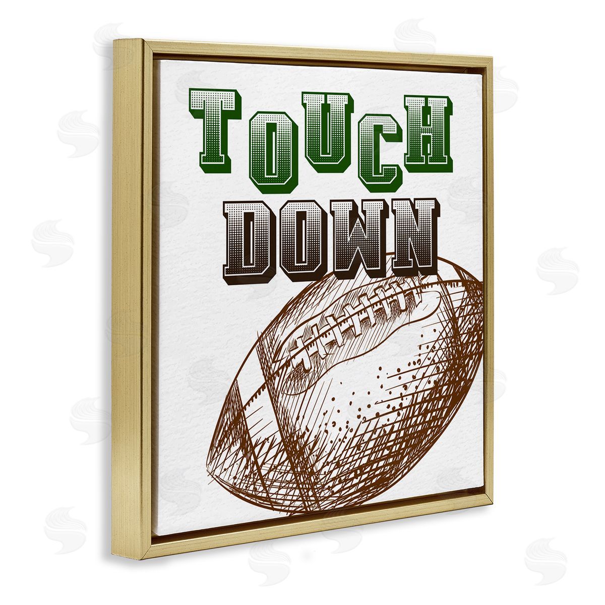 Kim Allen Touch Down Football Sports Ball Green Varsity Typography Gold Floating Frame Canvas Wall Art Print