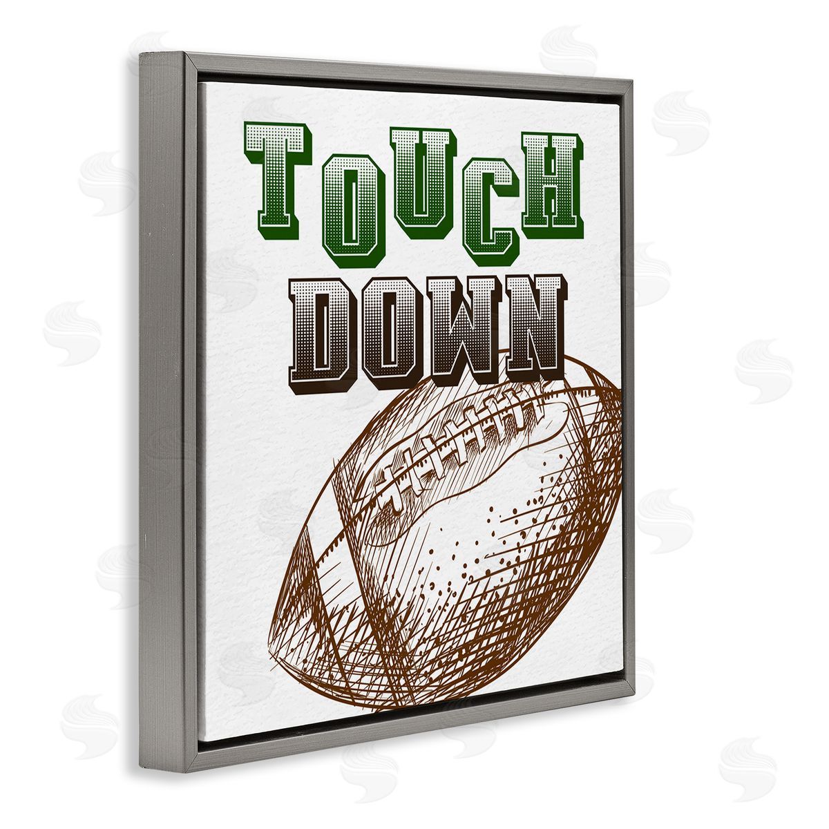 Kim Allen Touch Down Football Sports Ball Green Varsity Typography Gray Floating Frame Canvas Wall Art Print