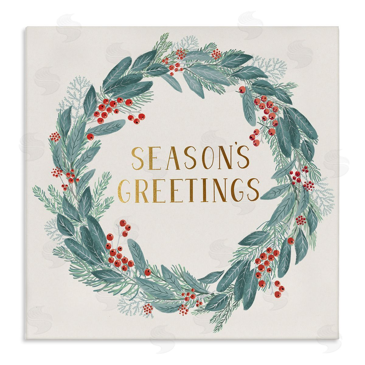 Nina Seven Winter Foliage Red Holly Wreath Season's Greetings Typography Stretched Canvas Wall Art Print
