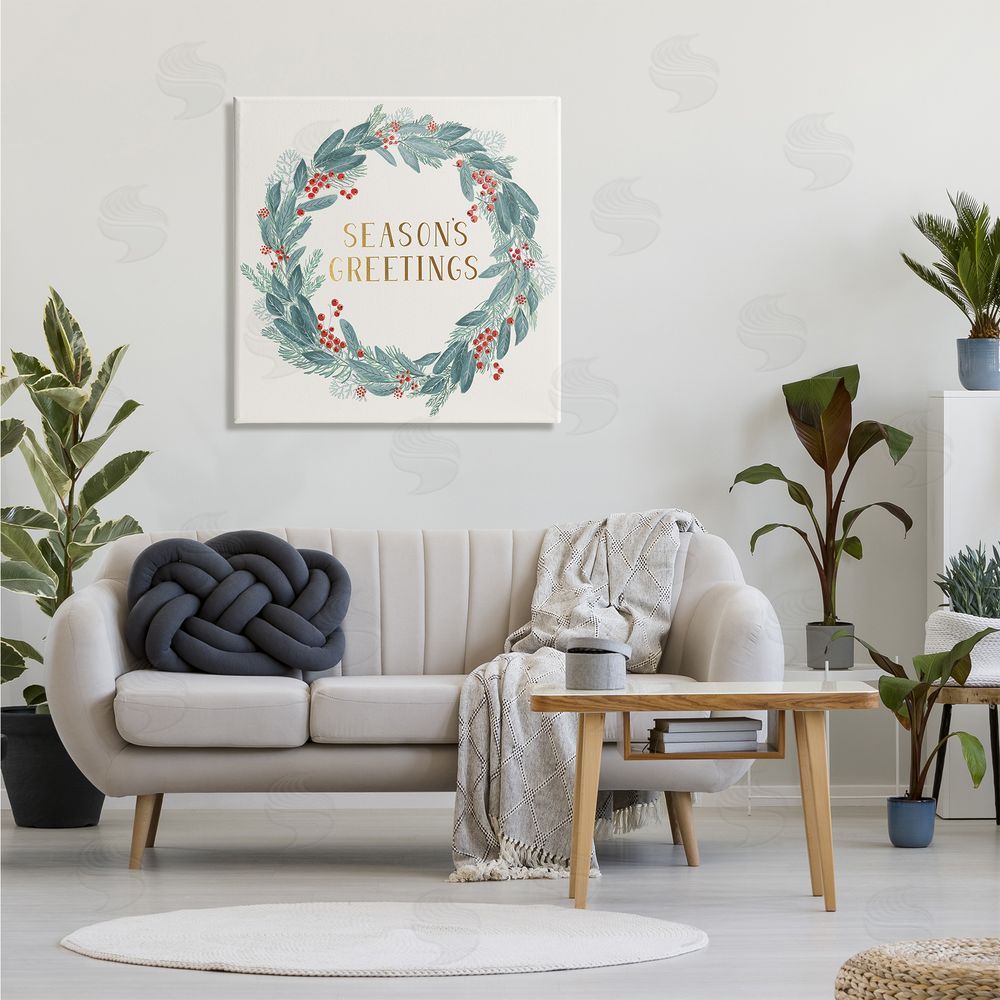 Nina Seven Winter Foliage Red Holly Wreath Season's Greetings Typography Canvas Wall Art in Room
