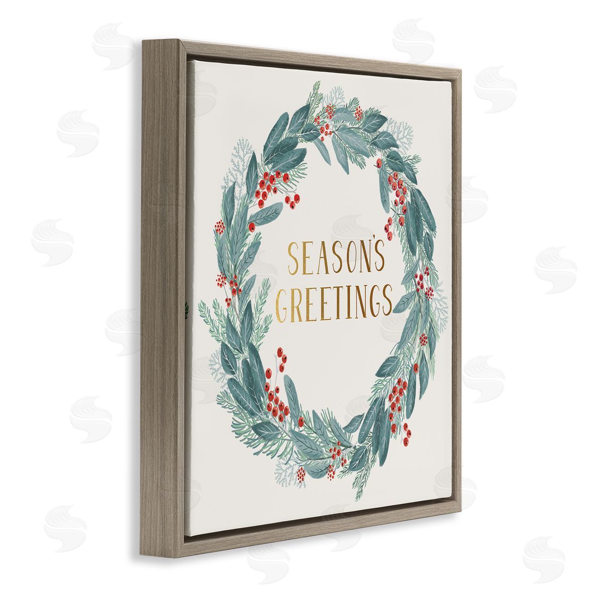 Nina Seven Winter Foliage Red Holly Wreath Season's Greetings Typography Brown Floating Frame Canvas Wall Art Print