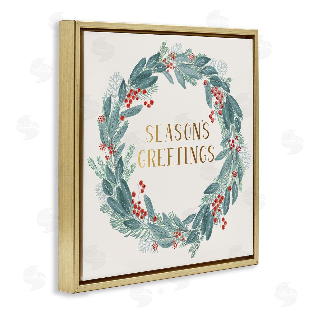 Nina Seven Winter Foliage Red Holly Wreath Season's Greetings Typography Gold Floating Frame Canvas Wall Art Print