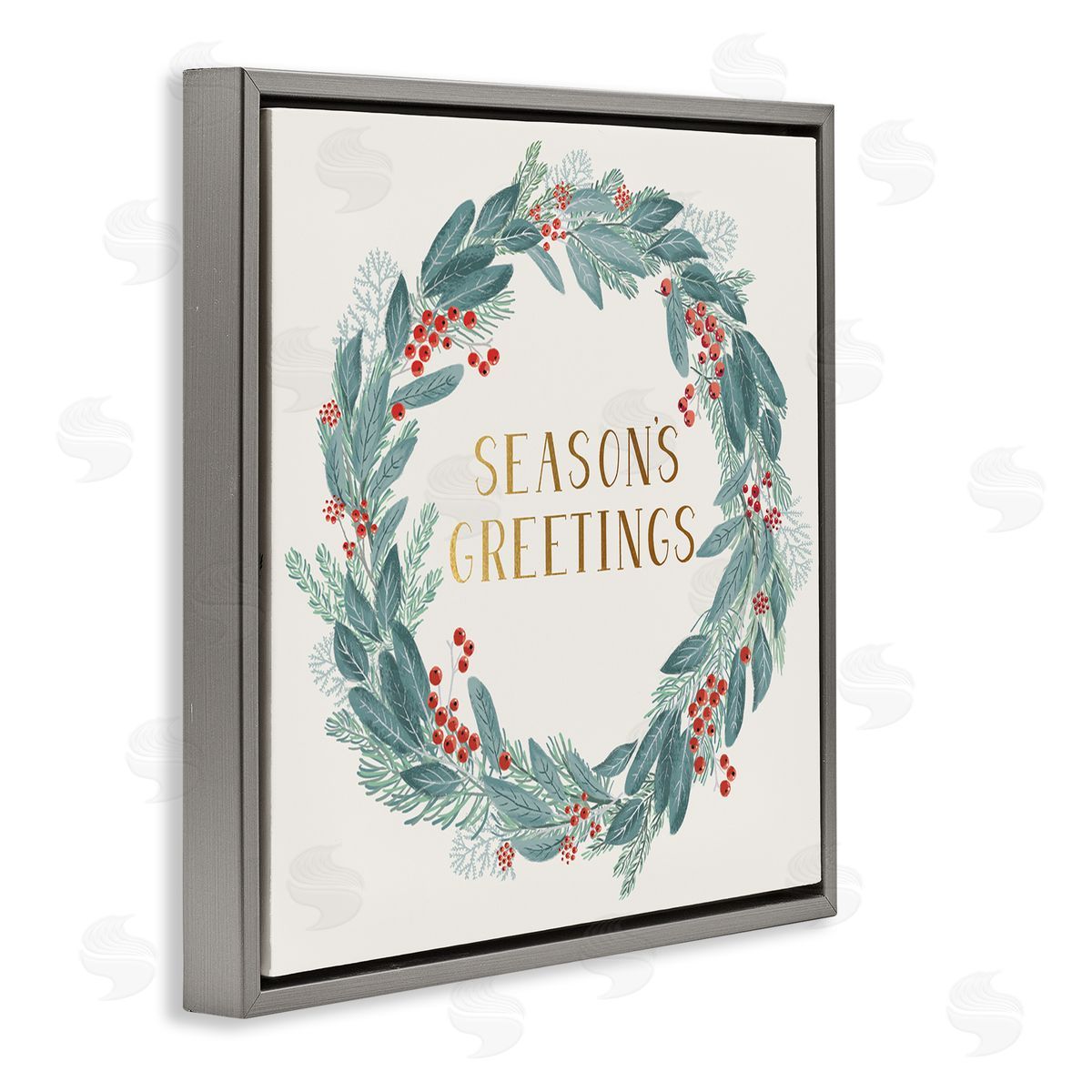 Nina Seven Winter Foliage Red Holly Wreath Season's Greetings Typography Gray Floating Frame Canvas Wall Art Print