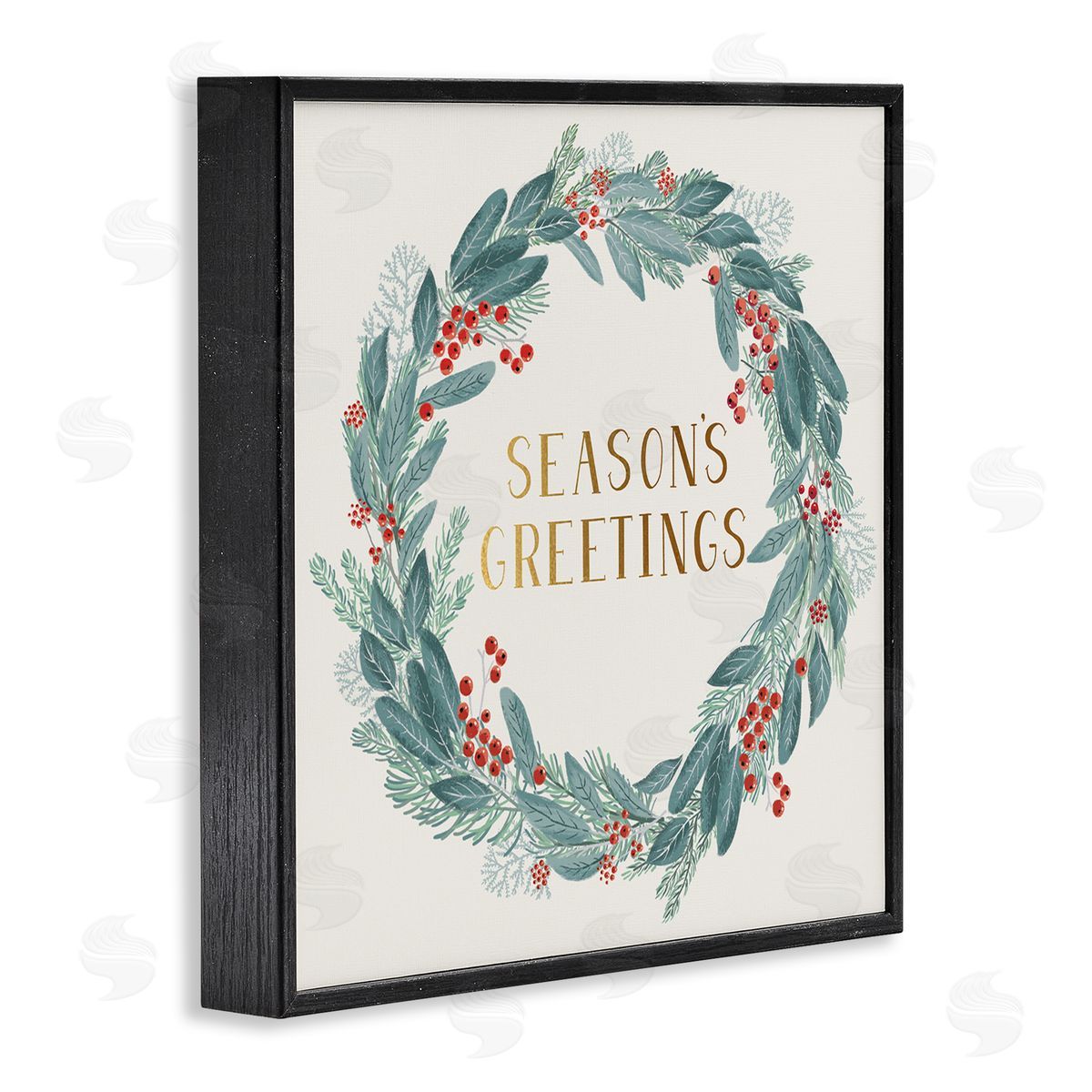 Nina Seven Winter Foliage Red Holly Wreath Season's Greetings Typography Black Framed Glicee Wall Art Print