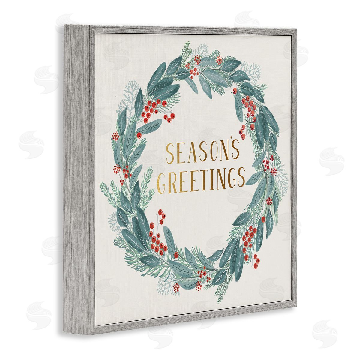 Nina Seven Winter Foliage Red Holly Wreath Season's Greetings Typography Gray Framed Glicee Wall Art Print