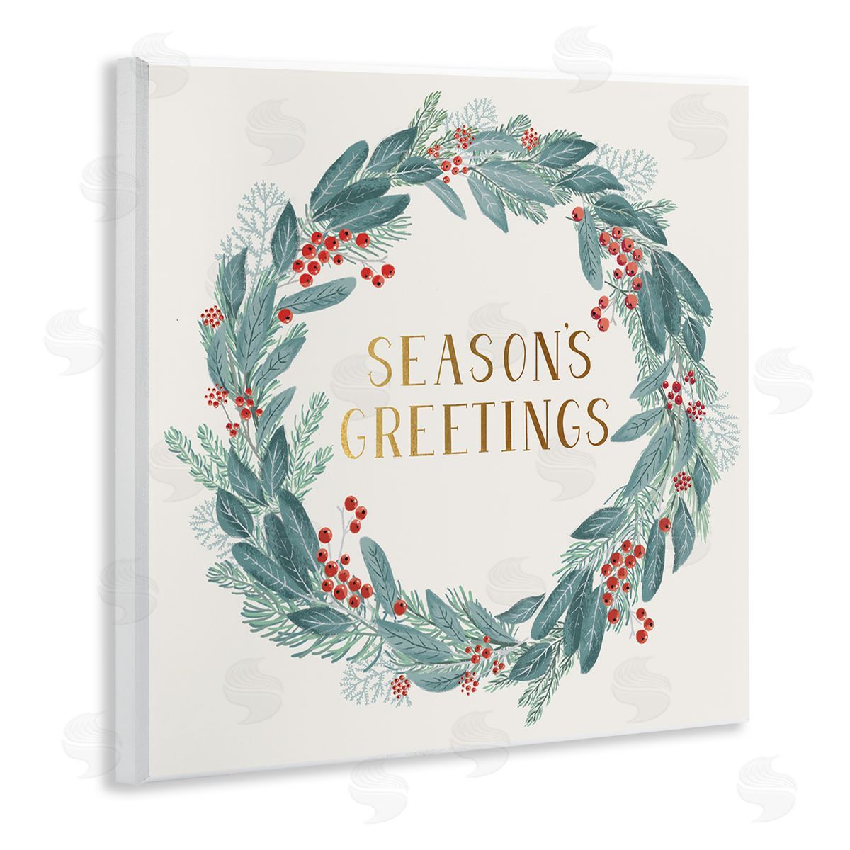 Nina Seven Winter Foliage Red Holly Wreath Season's Greetings Typography Wooden Wall Plaque Art Print