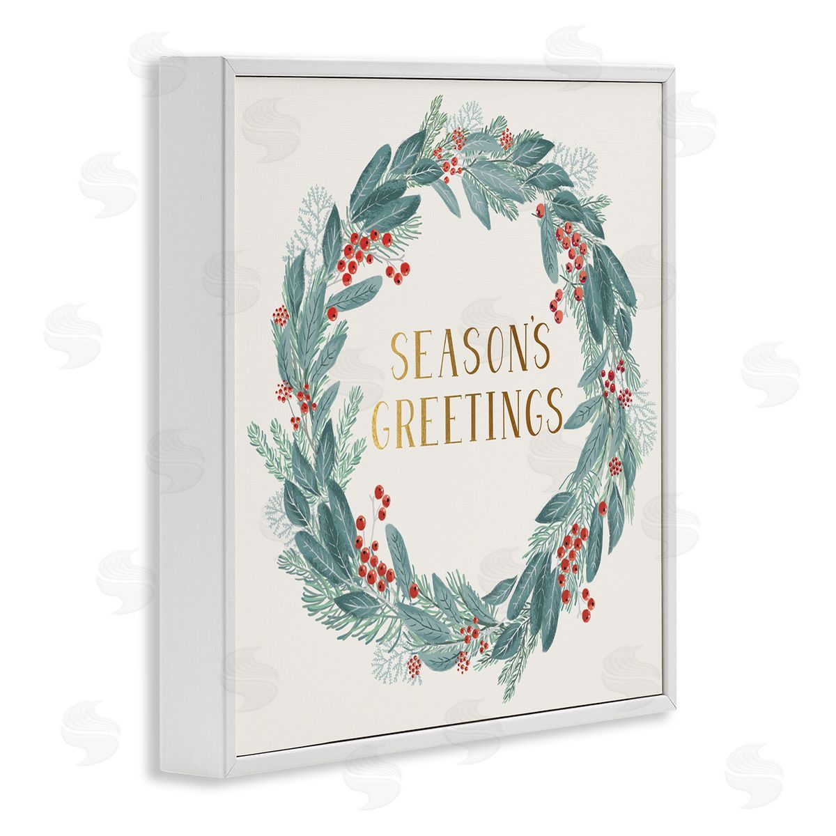 Nina Seven Winter Foliage Red Holly Wreath Season's Greetings Typography White Framed Glicee Wall Art Print