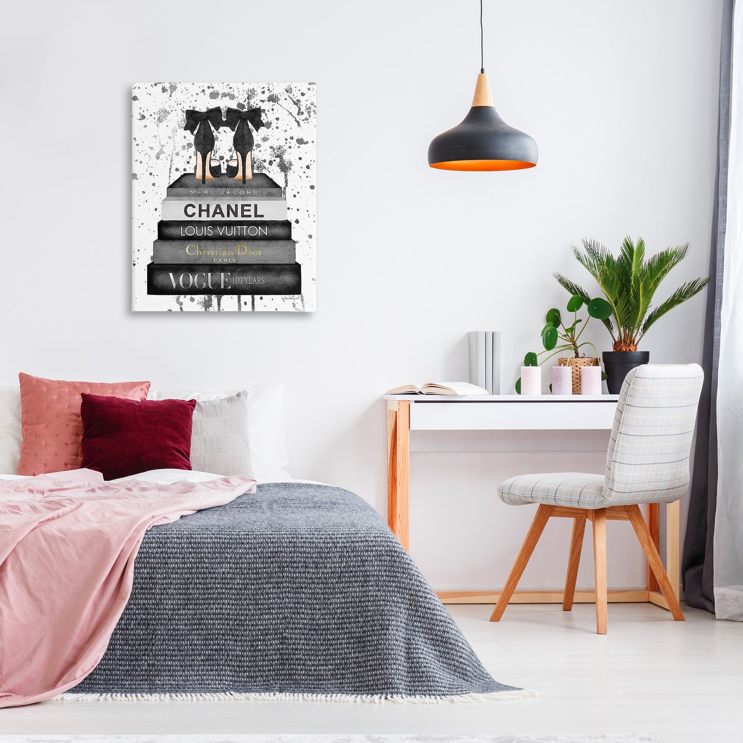 Glam Fashion Books & Heels Canvas Wall Art in Room, Home Decor by Amanda Greenwood