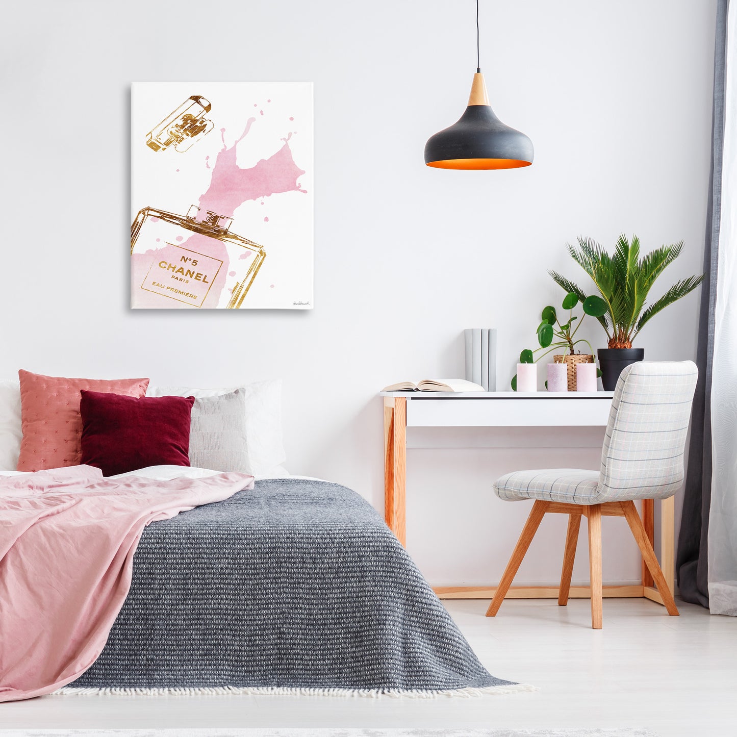 Glam Perfume Bottle Splash Pink Gold Canvas Wall Art in Room, Home Decor by Amanda Greenwood