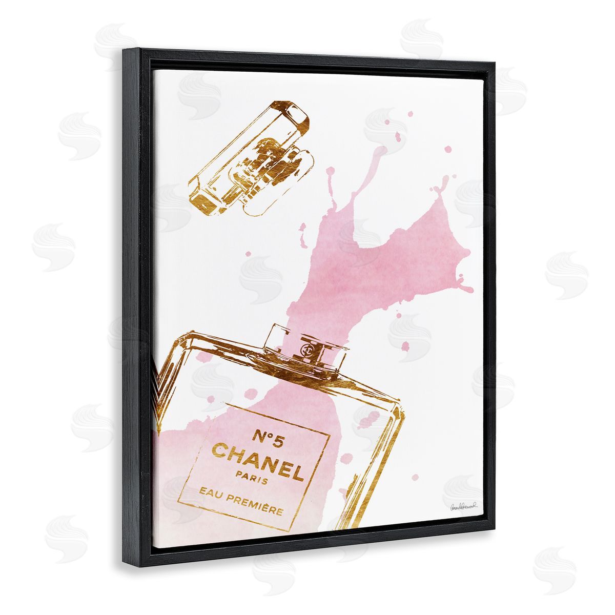Glam Perfume Bottle Splash Pink Gold Black Floating Frame Canvas Wall Art, Home Decor by Amanda Greenwood
